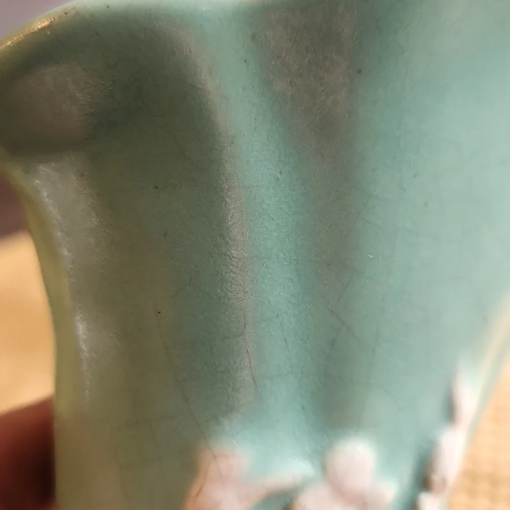 Vintage Weller Pottery Matte Green Cornucopia Vase Wild Rose Mcm